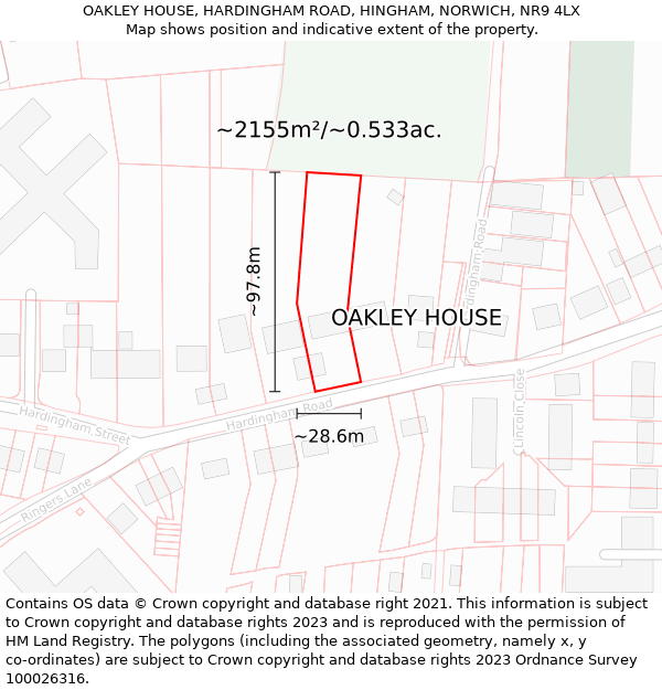 OAKLEY HOUSE, HARDINGHAM ROAD, HINGHAM, NORWICH, NR9 4LX: Plot and title map