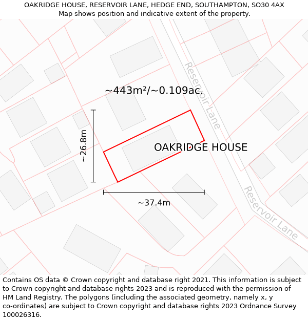 OAKRIDGE HOUSE, RESERVOIR LANE, HEDGE END, SOUTHAMPTON, SO30 4AX: Plot and title map