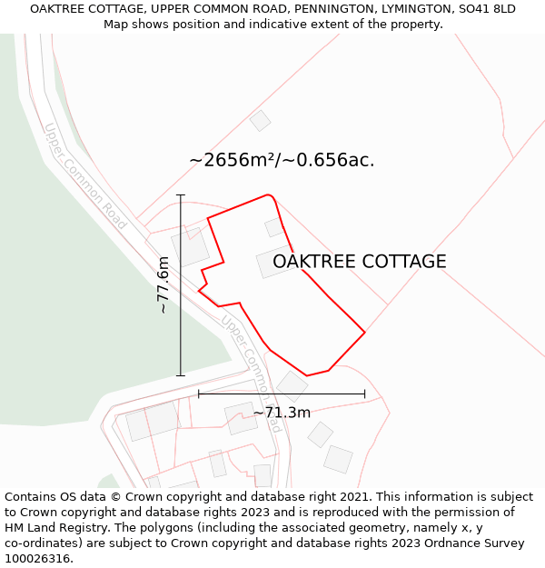 OAKTREE COTTAGE, UPPER COMMON ROAD, PENNINGTON, LYMINGTON, SO41 8LD: Plot and title map