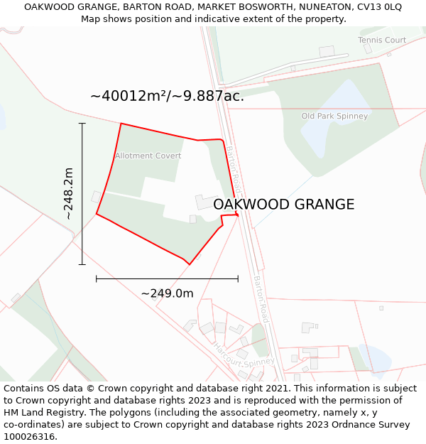 OAKWOOD GRANGE, BARTON ROAD, MARKET BOSWORTH, NUNEATON, CV13 0LQ: Plot and title map