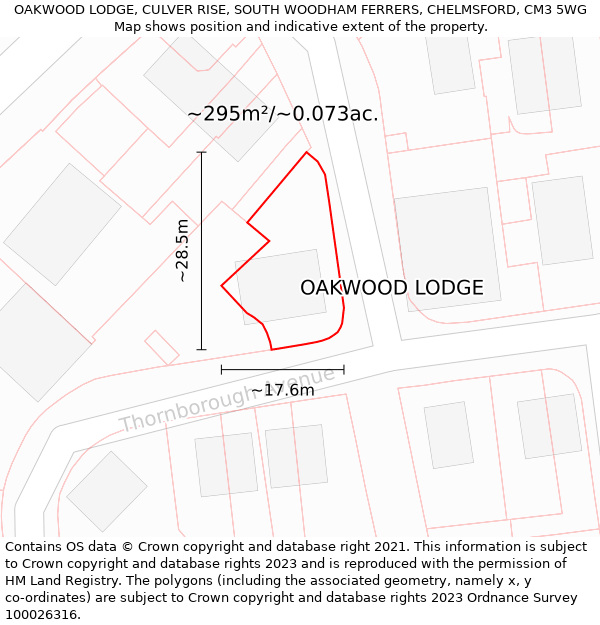 OAKWOOD LODGE, CULVER RISE, SOUTH WOODHAM FERRERS, CHELMSFORD, CM3 5WG: Plot and title map