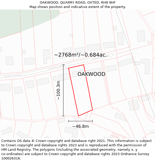 OAKWOOD, QUARRY ROAD, OXTED, RH8 9HF: Plot and title map