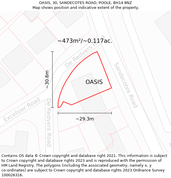 OASIS, 30, SANDECOTES ROAD, POOLE, BH14 8NZ: Plot and title map