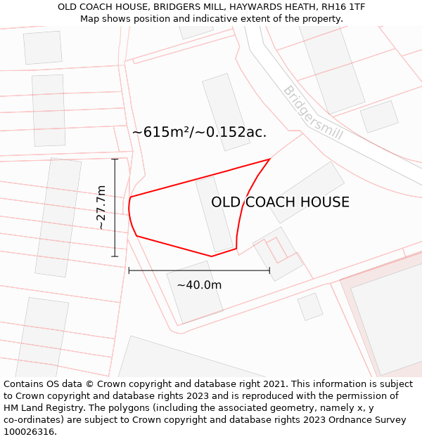 OLD COACH HOUSE, BRIDGERS MILL, HAYWARDS HEATH, RH16 1TF: Plot and title map