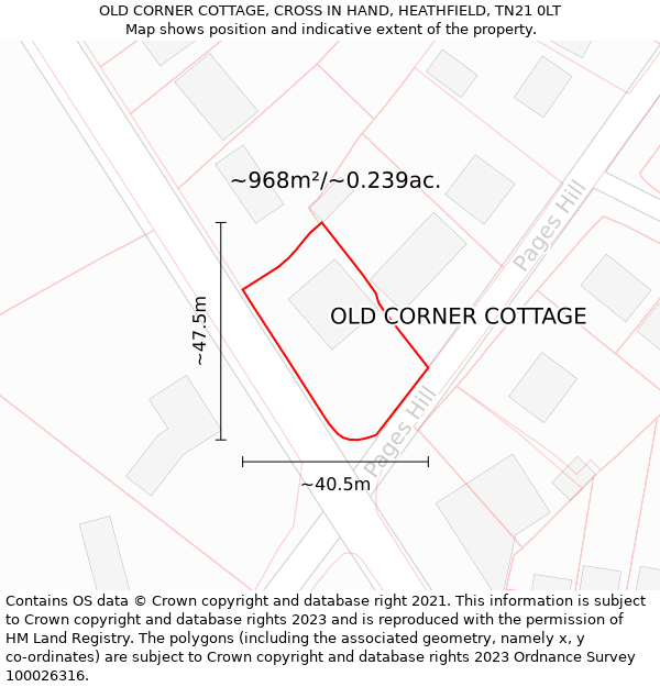 OLD CORNER COTTAGE, CROSS IN HAND, HEATHFIELD, TN21 0LT: Plot and title map