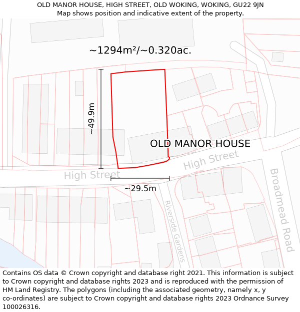 OLD MANOR HOUSE, HIGH STREET, OLD WOKING, WOKING, GU22 9JN: Plot and title map