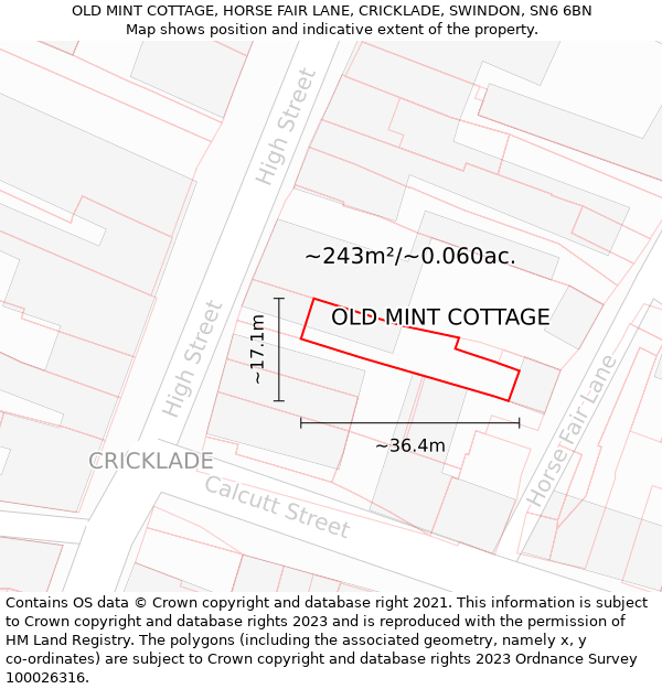 OLD MINT COTTAGE, HORSE FAIR LANE, CRICKLADE, SWINDON, SN6 6BN: Plot and title map