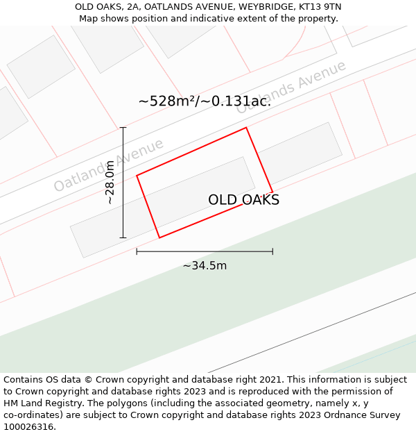 OLD OAKS, 2A, OATLANDS AVENUE, WEYBRIDGE, KT13 9TN: Plot and title map