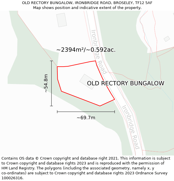 OLD RECTORY BUNGALOW, IRONBRIDGE ROAD, BROSELEY, TF12 5AF: Plot and title map