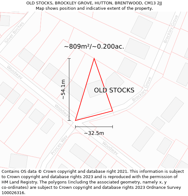 OLD STOCKS, BROCKLEY GROVE, HUTTON, BRENTWOOD, CM13 2JJ: Plot and title map