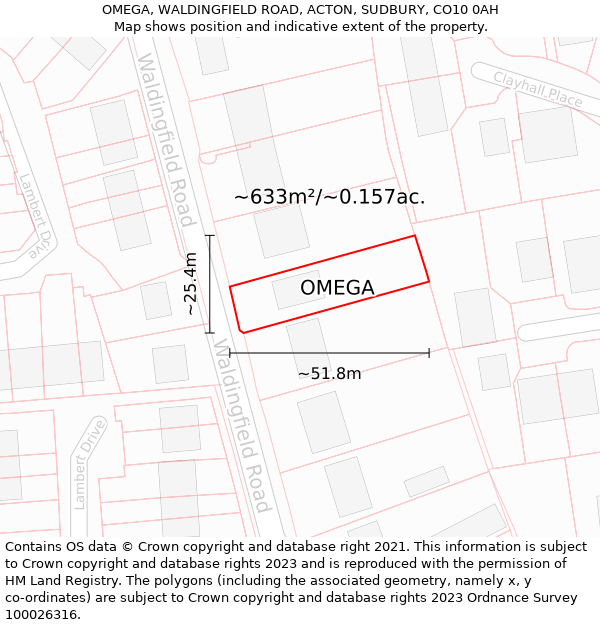 OMEGA, WALDINGFIELD ROAD, ACTON, SUDBURY, CO10 0AH: Plot and title map