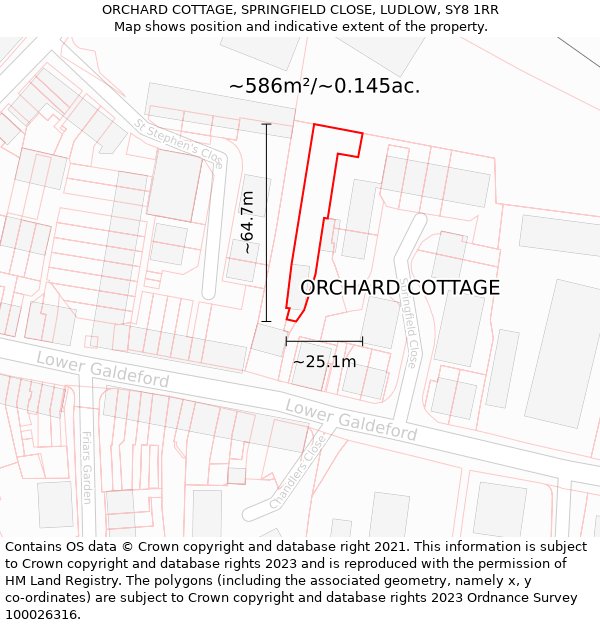ORCHARD COTTAGE, SPRINGFIELD CLOSE, LUDLOW, SY8 1RR: Plot and title map