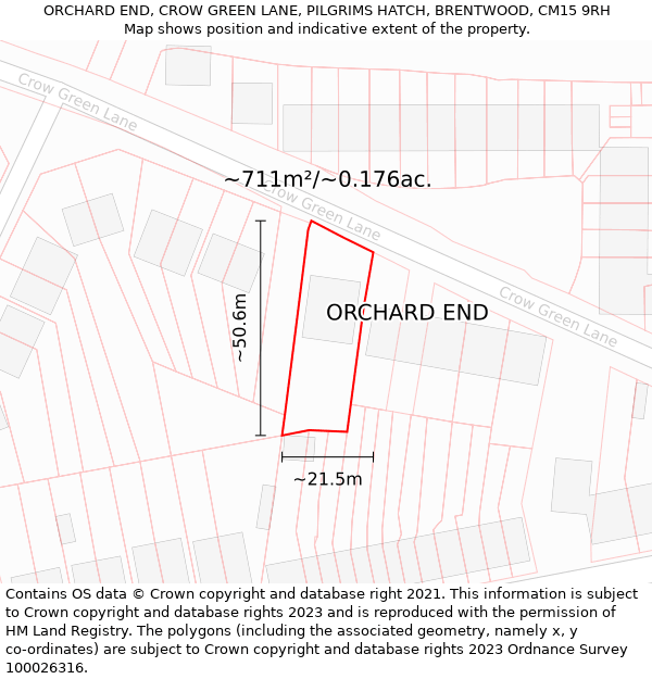 ORCHARD END, CROW GREEN LANE, PILGRIMS HATCH, BRENTWOOD, CM15 9RH: Plot and title map
