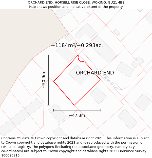 ORCHARD END, HORSELL RISE CLOSE, WOKING, GU21 4BB: Plot and title map