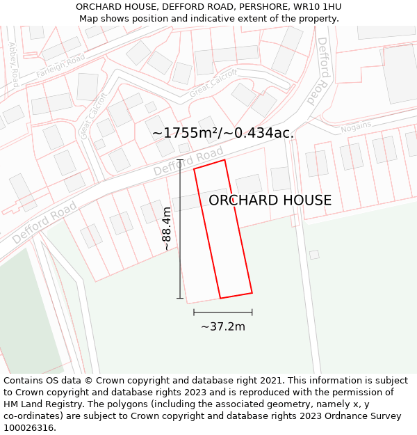 ORCHARD HOUSE, DEFFORD ROAD, PERSHORE, WR10 1HU: Plot and title map