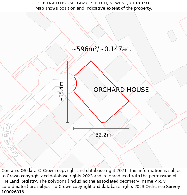 ORCHARD HOUSE, GRACES PITCH, NEWENT, GL18 1SU: Plot and title map