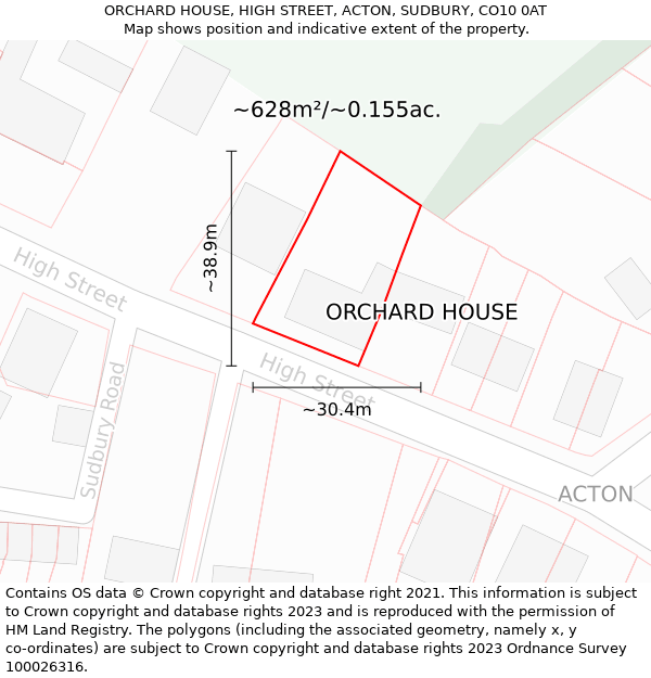 ORCHARD HOUSE, HIGH STREET, ACTON, SUDBURY, CO10 0AT: Plot and title map