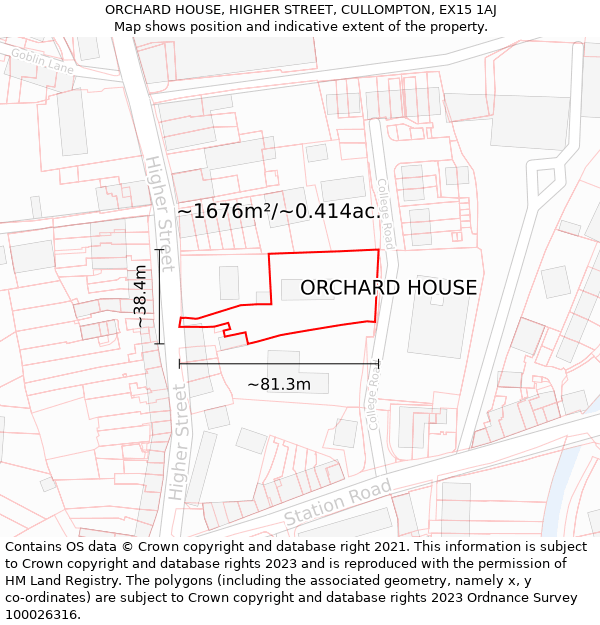 ORCHARD HOUSE, HIGHER STREET, CULLOMPTON, EX15 1AJ: Plot and title map