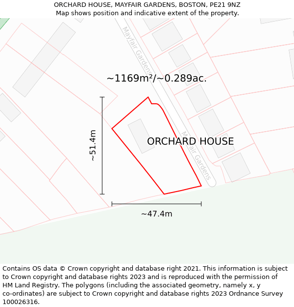 ORCHARD HOUSE, MAYFAIR GARDENS, BOSTON, PE21 9NZ: Plot and title map