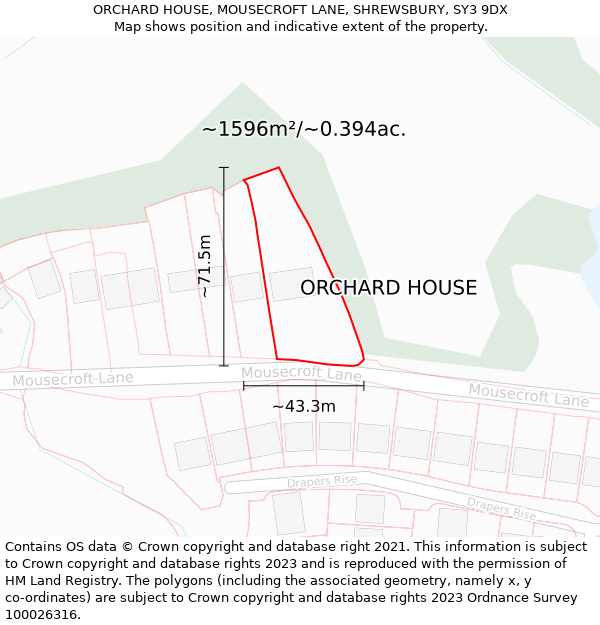 ORCHARD HOUSE, MOUSECROFT LANE, SHREWSBURY, SY3 9DX: Plot and title map