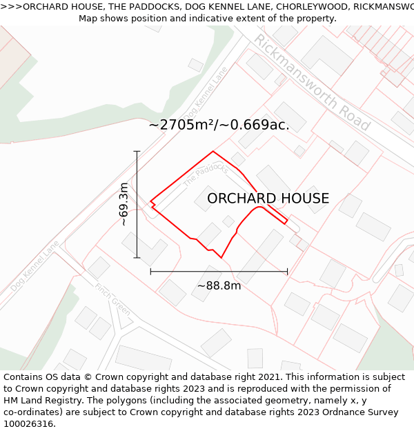 ORCHARD HOUSE, THE PADDOCKS, DOG KENNEL LANE, CHORLEYWOOD, RICKMANSWORTH, WD3 5EW: Plot and title map
