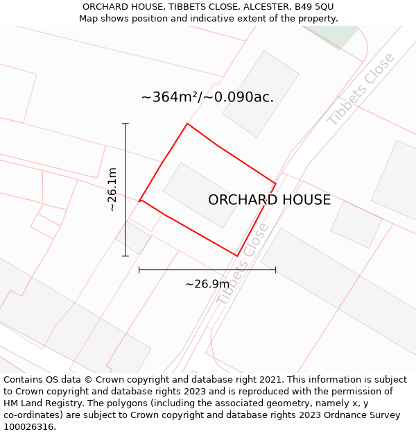 ORCHARD HOUSE, TIBBETS CLOSE, ALCESTER, B49 5QU: Plot and title map