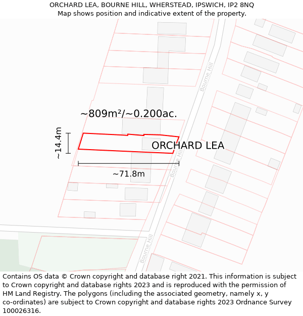 ORCHARD LEA, BOURNE HILL, WHERSTEAD, IPSWICH, IP2 8NQ: Plot and title map