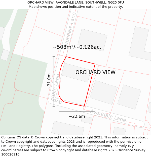 ORCHARD VIEW, AVONDALE LANE, SOUTHWELL, NG25 0FU: Plot and title map