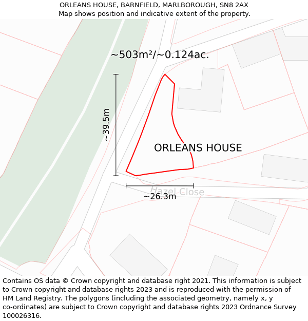 ORLEANS HOUSE, BARNFIELD, MARLBOROUGH, SN8 2AX: Plot and title map