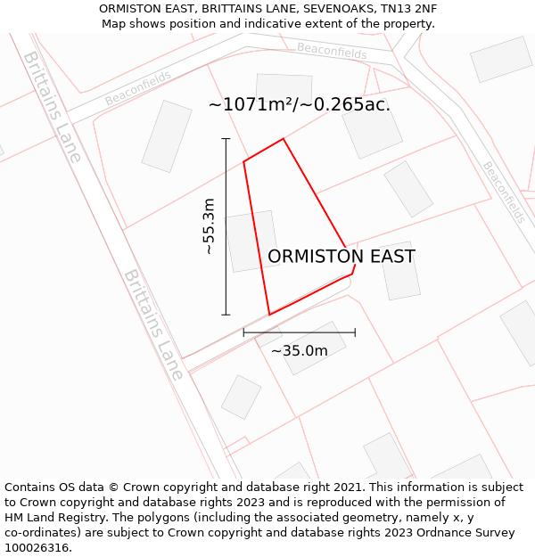 ORMISTON EAST, BRITTAINS LANE, SEVENOAKS, TN13 2NF: Plot and title map