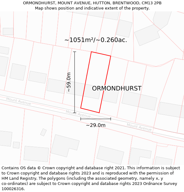 ORMONDHURST, MOUNT AVENUE, HUTTON, BRENTWOOD, CM13 2PB: Plot and title map