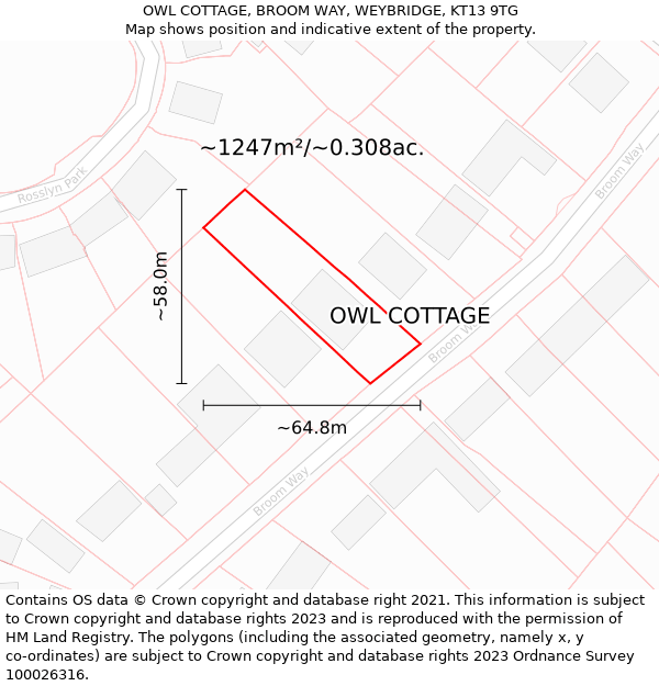 OWL COTTAGE, BROOM WAY, WEYBRIDGE, KT13 9TG: Plot and title map