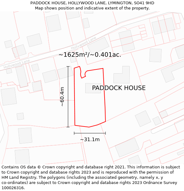 PADDOCK HOUSE, HOLLYWOOD LANE, LYMINGTON, SO41 9HD: Plot and title map