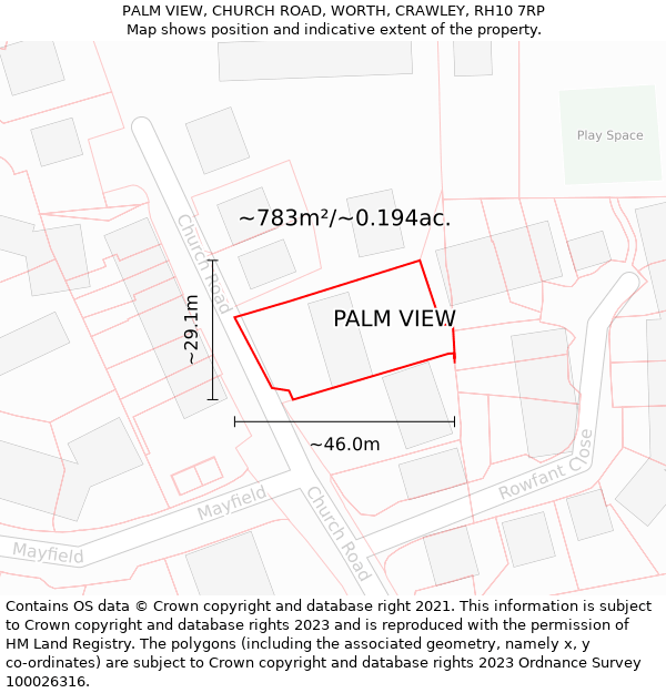 PALM VIEW, CHURCH ROAD, WORTH, CRAWLEY, RH10 7RP: Plot and title map
