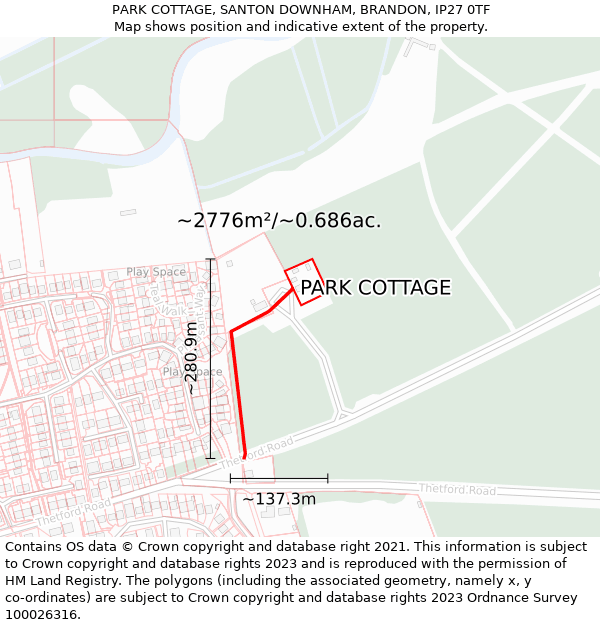PARK COTTAGE, SANTON DOWNHAM, BRANDON, IP27 0TF: Plot and title map