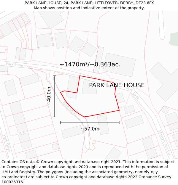 PARK LANE HOUSE, 24, PARK LANE, LITTLEOVER, DERBY, DE23 6FX: Plot and title map