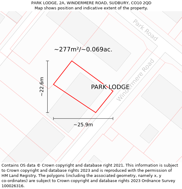 PARK LODGE, 2A, WINDERMERE ROAD, SUDBURY, CO10 2QD: Plot and title map