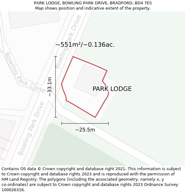 PARK LODGE, BOWLING PARK DRIVE, BRADFORD, BD4 7ES: Plot and title map