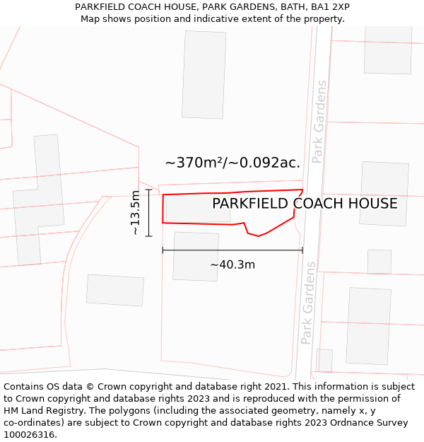PARKFIELD COACH HOUSE, PARK GARDENS, BATH, BA1 2XP: Plot and title map