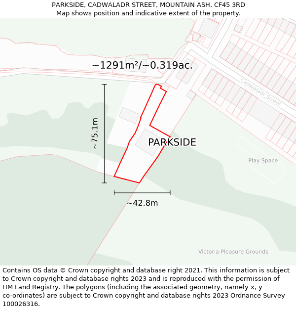 PARKSIDE, CADWALADR STREET, MOUNTAIN ASH, CF45 3RD: Plot and title map