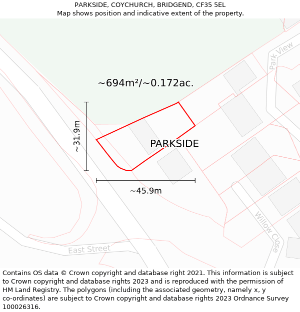 PARKSIDE, COYCHURCH, BRIDGEND, CF35 5EL: Plot and title map