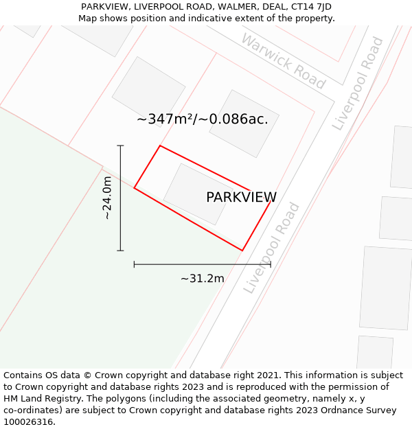 PARKVIEW, LIVERPOOL ROAD, WALMER, DEAL, CT14 7JD: Plot and title map