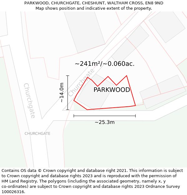 PARKWOOD, CHURCHGATE, CHESHUNT, WALTHAM CROSS, EN8 9ND: Plot and title map