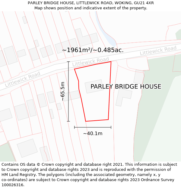 PARLEY BRIDGE HOUSE, LITTLEWICK ROAD, WOKING, GU21 4XR: Plot and title map