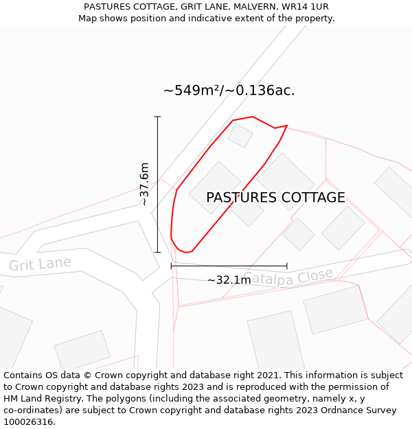 PASTURES COTTAGE, GRIT LANE, MALVERN, WR14 1UR: Plot and title map