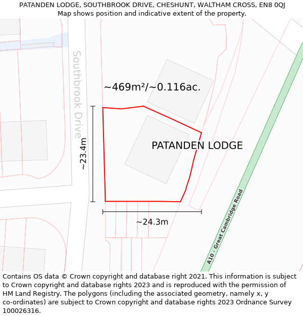 PATANDEN LODGE, SOUTHBROOK DRIVE, CHESHUNT, WALTHAM CROSS, EN8 0QJ: Plot and title map