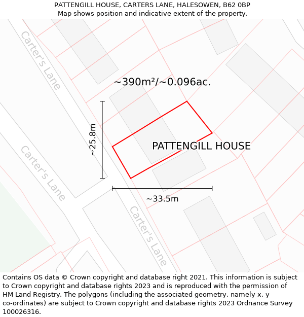 PATTENGILL HOUSE, CARTERS LANE, HALESOWEN, B62 0BP: Plot and title map