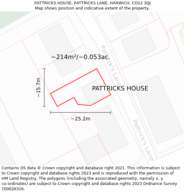 PATTRICKS HOUSE, PATTRICKS LANE, HARWICH, CO12 3QJ: Plot and title map