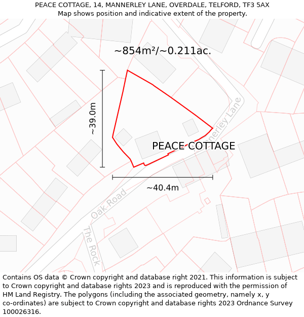 PEACE COTTAGE, 14, MANNERLEY LANE, OVERDALE, TELFORD, TF3 5AX: Plot and title map
