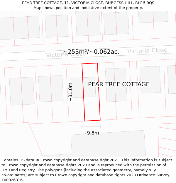 PEAR TREE COTTAGE, 11, VICTORIA CLOSE, BURGESS HILL, RH15 9QS: Plot and title map